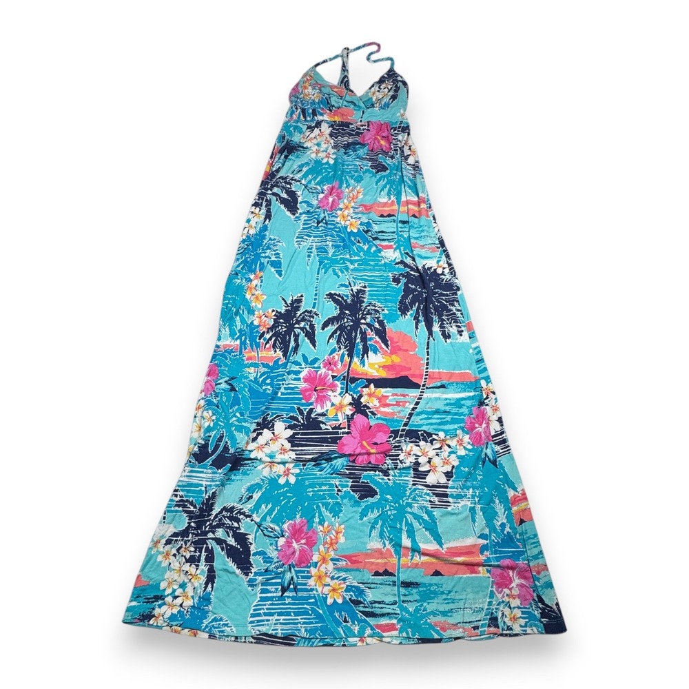 Tori Richard Maxi Dress Tropical Floral Halter Resort Hawaii Blue XS